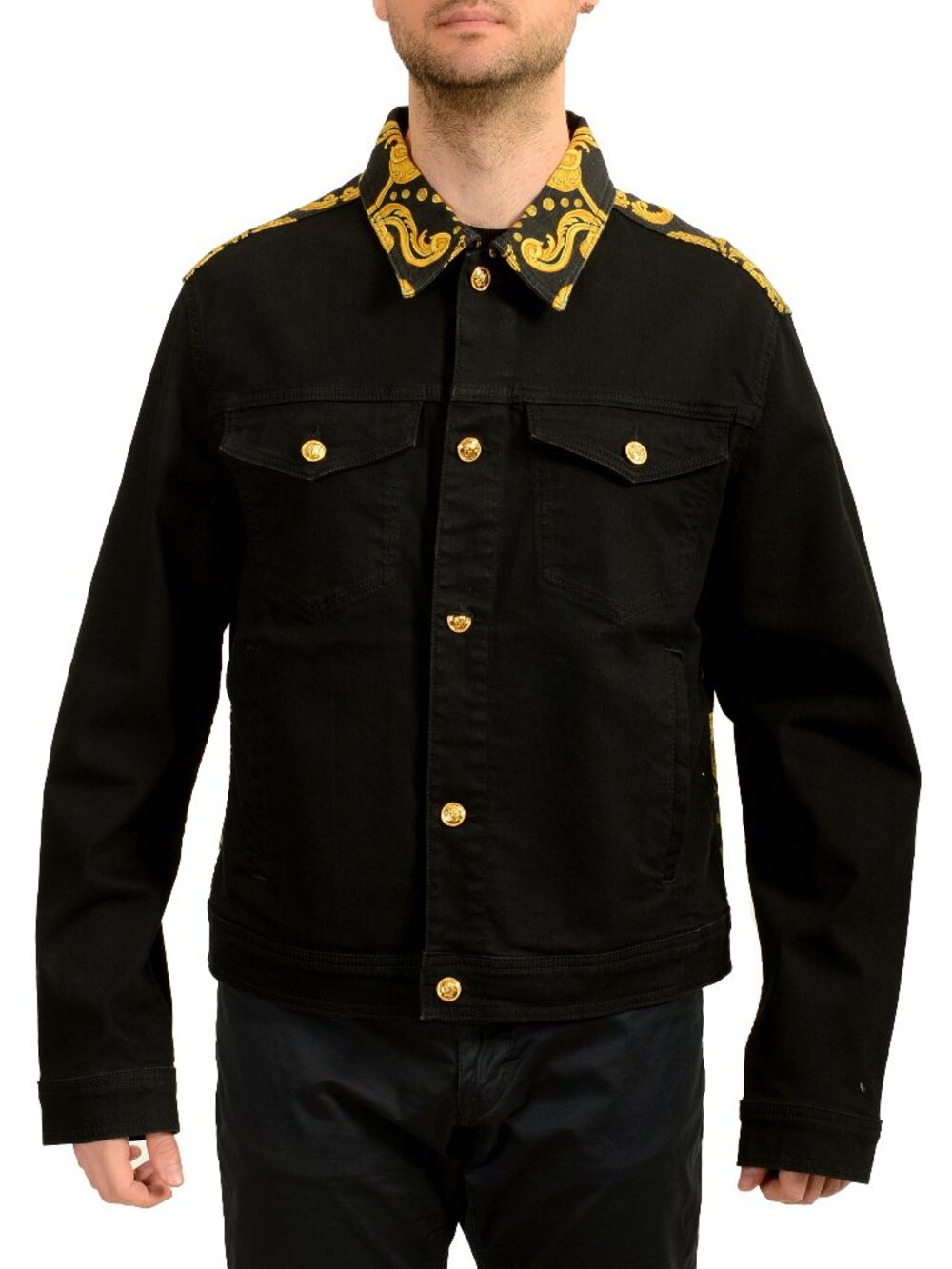 Versace Men's Black Denim Signature Print Button Down Jacket US 2XL IT 56